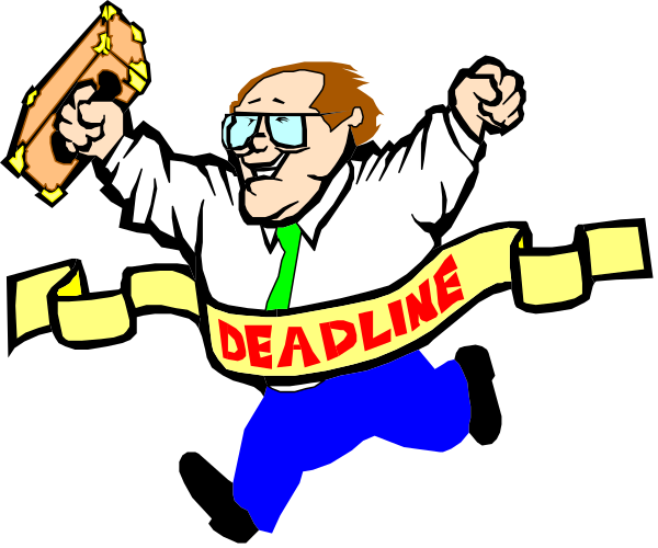 The cartoon shows a man running with two guns crossed behind him; he is wearing glasses, has dark hair, wears blue pants, white shirt, tie, and shoes. He's holding what appears to be an envelope in his right hand while looking back over his shoulder at the viewer.