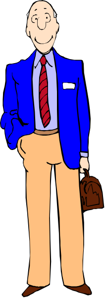The image shows a man standing with his hands behind him against a blue background; he is wearing khaki pants, brown shoes, an orange shirt, and has dark hair.