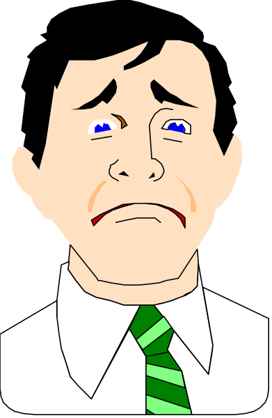 The image shows a cartoon of an adult male with blue eyes looking distressed while wearing a green tie over his shirt collar; he has dark hair and is depicted in profile view against a plain background.