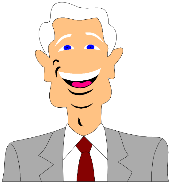 The cartoon shows a man with gray hair wearing glasses, dressed formally in a suit jacket over a red shirt paired with white pants; he has blue eyes and is smiling broadly while looking directly at the viewer against an indistinct background that appears to be darkened for emphasis on him.