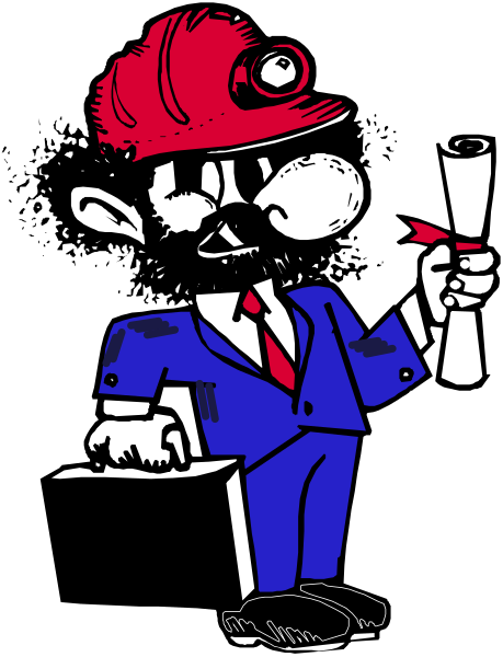 The cartoon depicts a man dressed as Mario from Super Mario Bros., holding papers with his left hand while standing on what appears to be an office chair in front of him. He is wearing blue pants, white shirt and tie, red shoes, and has black hair styled into spikes at the top.