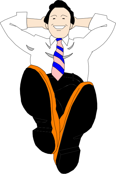 The image shows a man sitting with his feet up on an orange object that resembles a surfboard against a black background; he is wearing a blue tie and has short hair.