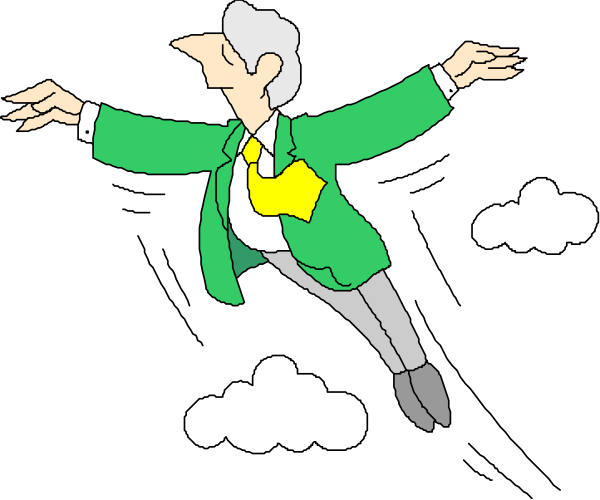 The image shows two animated characters flying through a cloudy sky with their arms outstretched as if soaring; both wear green suits with yellow ties and have exaggerated facial features typical of cartoon illustrations, such as large eyes and small noses.