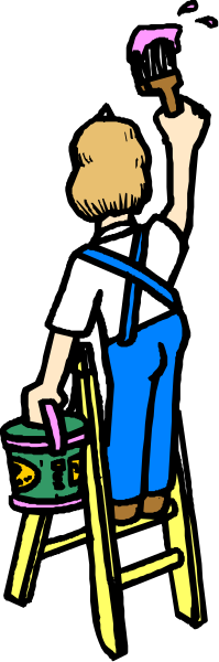 The illustration shows a person standing on an overturned ladder with their back to us; we can see that this individual is wearing blue jeans and holding what appears to be a paintbrush in one hand, suggesting some form of painting activity might take place next.