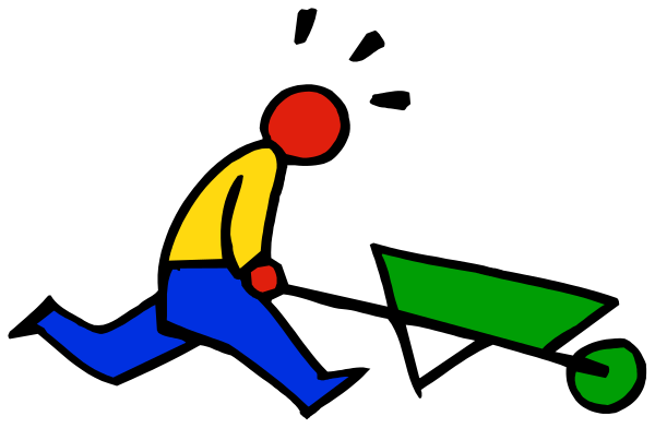 The image shows a cartoon of two figures: an adult figure running with their arms outstretched towards something on wheels that appears to be green in color; both characters have red shoes.
