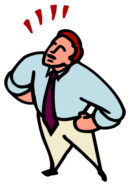 The image shows a cartoon of an animated man with his hand on his head, appearing to be confused or surprised by something off-screen. He is wearing a blue shirt and tie, khaki pants, and has short hair.