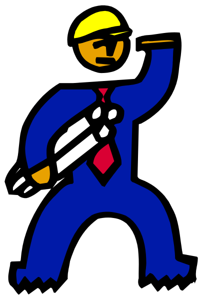 The image shows a cartoon of an individual who appears to be pointing upwards with their right hand while holding what looks like a hammer in their left hand. They have on blue overalls and seem to be standing upright, possibly indicating some form of work-related activity or construction theme.