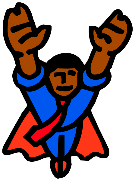 The image shows a cartoon of an animated character with arms raised high above its head as if celebrating victory or achievement.
