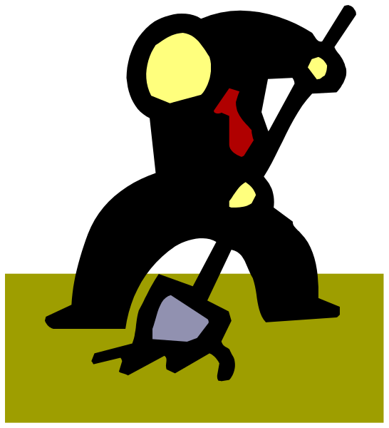 The image shows a black silhouette of two figures standing on grass with an object between them; there is no text present in this clip-art illustration.