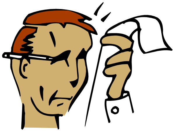 The black and white cartoon shows a man with glasses looking at another person who is holding up their hand as if to say something important.