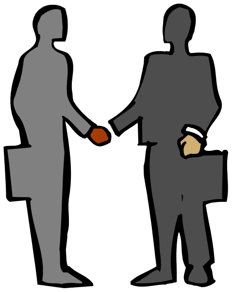 The black and white silhouette of two figures shaking hands with a red object between them; no other details provided due to image size limitations.