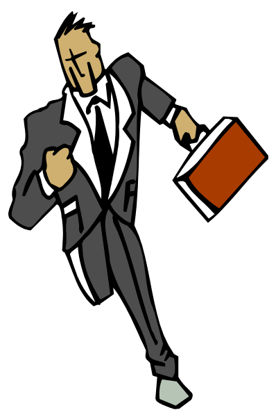 The black and white illustration shows a man dressed as an office worker running with his arms outstretched while holding two books in each hand; he is wearing a suit jacket over a striped shirt and tie, carrying a briefcase on one shoulder, and has short hair.