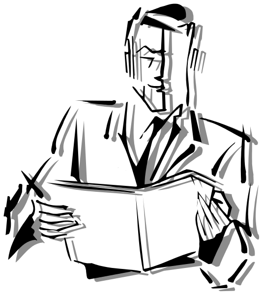 The black and white illustration shows a man sitting at his desk with an open book on it; he is wearing glasses and appears to be reading from them while holding what looks like a pen in one hand.