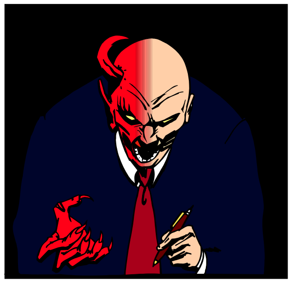 The image shows a cartoon of an animated character with red eyes holding what appears to be a pen over some paperwork while wearing a suit jacket.