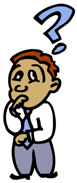 The cartoon shows a man standing against a dark background with his hand on his chin, looking puzzled as he holds up an index finger to indicate confusion about something that is out of frame.