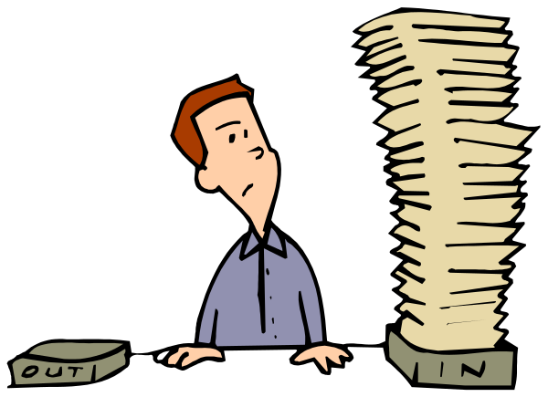 The cartoon shows a man standing behind two stacks of papers labeled "IN" on top and "OUT" at bottom with his hands resting on them; he is looking downward while wearing glasses over eyes, suggesting that he might be working through documents for some purpose or task.