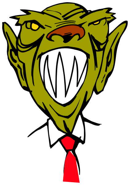 The cartoon shows a caricature of an angry green creature with sharp teeth that appears to be yelling at someone off-camera; it has red eyes and is wearing what looks like a suit jacket over its body, which gives it humanoid features from midsection upwards.
