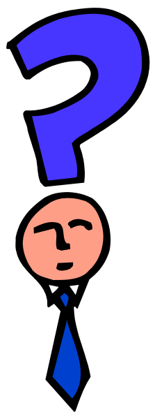The image shows a cartoon of an adult male with blue suit holding up his finger to represent "question" while standing in front of vertical stripes that alternate between black and white.