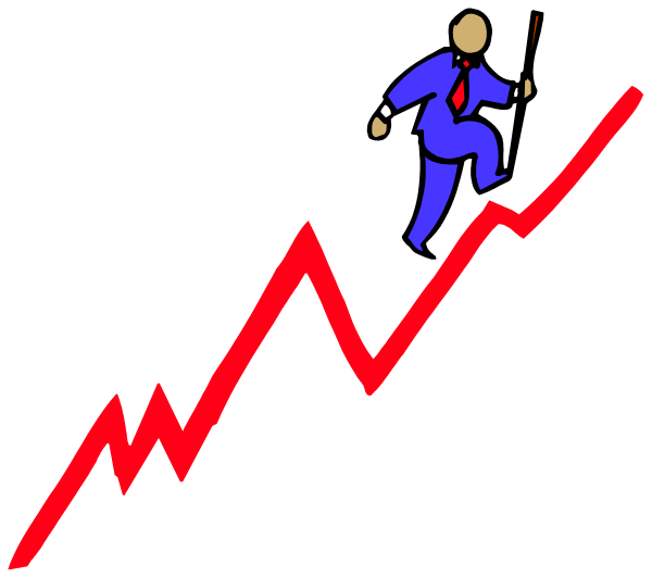 The image shows a cartoon of an upward trending line graph with red color representing growth over time against black background. A man in blue suit is depicted walking upwards on this chart towards right side while holding briefcase and pointing to it, suggesting progression or achievement.