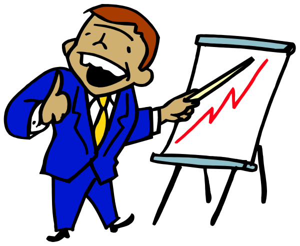 The cartoon shows a man standing next to an easel with graphs on it; he is pointing at them while holding up his finger as if emphasizing something important.