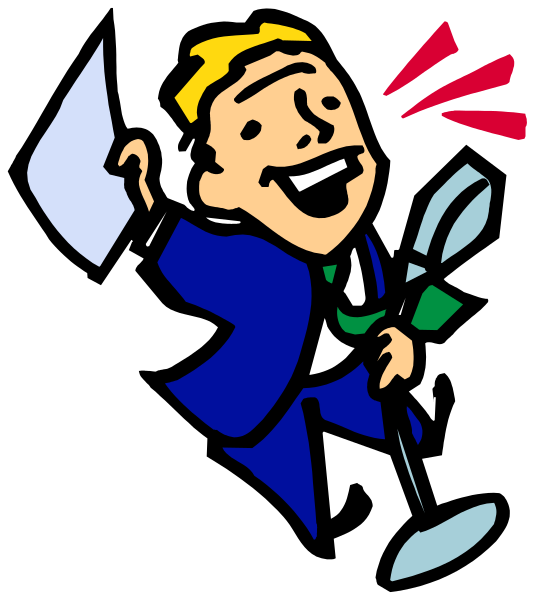 The cartoon shows a man with exaggerated features holding an axe over his shoulder while standing on top of what appears to be a pile of papers; he is smiling broadly as if celebrating something significant, and there's no background detail provided in this image snippet.