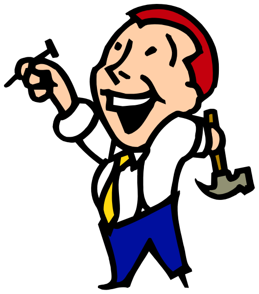 The cartoon shows a man with exaggerated facial features wearing a red hat holding his hands up as if he's celebrating or surprised. He is standing in front of what appears to be an office building, and there seems to be some text on it that reads "Welcome."