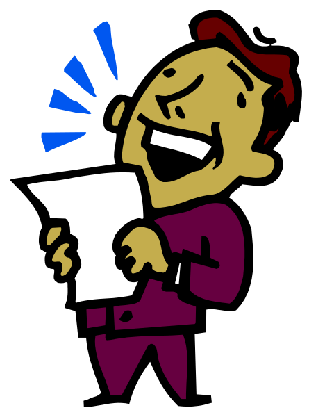 The cartoon depicts a man holding an envelope with his left hand while standing on what appears to be a stage; he is wearing a suit jacket over a purple shirt and has short hair. His facial expression suggests surprise, as indicated by wide eyes and slightly open mouth revealing teeth.