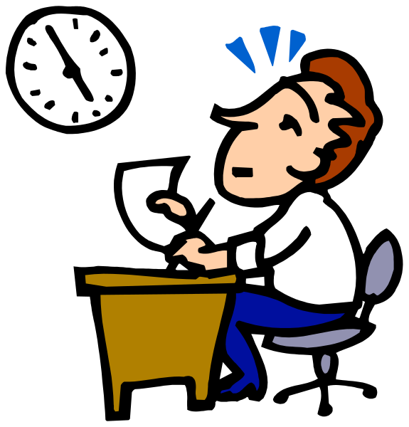The cartoon depicts a man sitting at his desk with an alarm clock on it showing 10:35 pm; he is looking up from writing in a notebook while holding a pen over another sheet of paper, and there's a thought bubble above him indicating that something has caught his attention. He appears to be working late into the night or early morning at home. The setting suggests an office environment with minimal distractions around it.