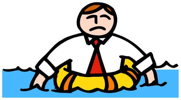 The cartoon shows a man sitting on an inflatable ring with his legs crossed while floating in water; he is wearing a red tie and has short hair.