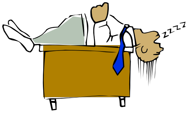 The image shows a cartoon of an office scene with two characters: on top is a man who appears to be falling from his chair onto another desk below him; both desks have computer monitors in front, and there's one person sitting at each desk wearing blue shirts and ties.