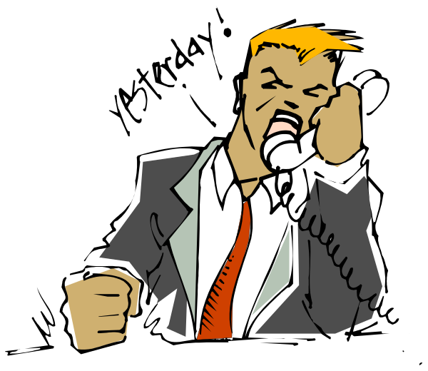 The image shows a cartoon of an animated character who appears to be male with exaggerated facial features such as large eyes and eyebrows, wearing a suit jacket over what seems like a red shirt underneath. He is holding his fist up in front of him while making a phone call on another handheld device that he holds close to the ear. The background behind this figure is dark but suggests an indoor setting with some indistinct shapes resembling furniture or decorations, and there are two small white dots at either end of what could be interpreted as antennae-like structures extending from his