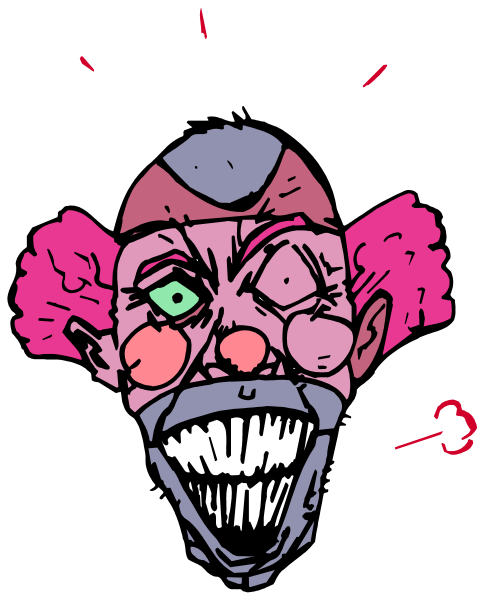 The image shows a cartoon of an exaggerated face with clown makeup features such as red nose, white teeth showing through open mouth, large eyes looking upwards to left side, big smile revealing sharp front teeth and tongue sticking out slightly from bottom lip.