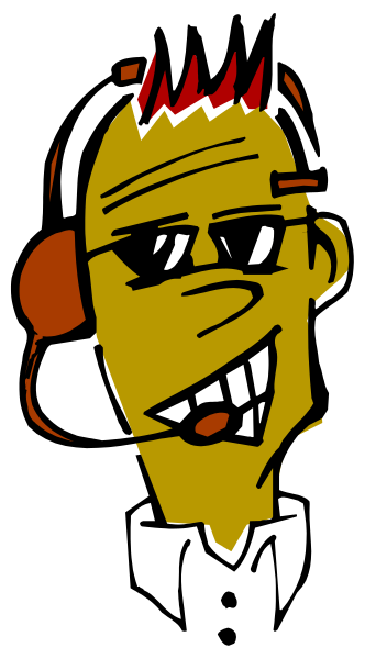The image shows a cartoon of an animated character with red hair wearing sunglasses, smiling broadly at the viewer through what appears to be a window frame.