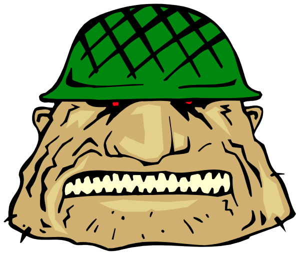 The image shows a cartoon of an old man's face with exaggerated features such as large eyes and teeth, wearing what appears to be camouflage clothing including a hat that resembles army gear.