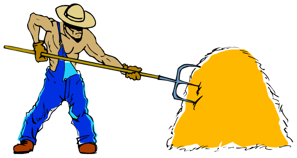 The cartoon depicts a man plowing with two horses pulling him through an open field under clear skies.