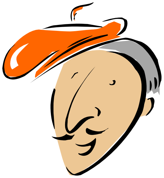 The cartoon depicts a man with an orange hat wearing glasses, smiling at something off to his right side of frame.