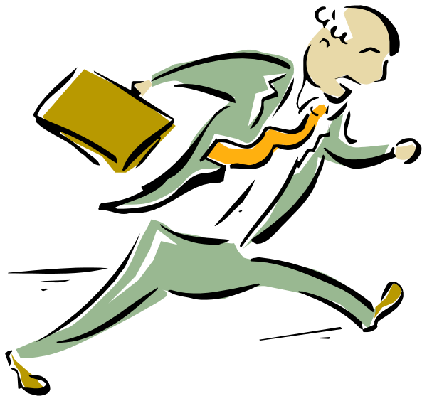 The illustration shows a man running with his arms outstretched while carrying an open briefcase; he is wearing business attire including a suit jacket over a shirt, tie, pants, shoes, and has short hair.