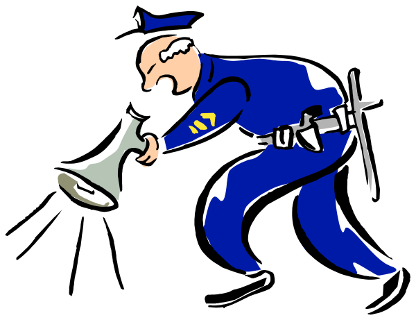 The black and white cartoon shows a police officer bending over to pick up an object with his handcuffs on while holding onto another item in front of him.
