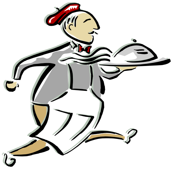 The cartoon depicts a man running with an open umbrella while holding what appears to be food items like pizza slices in his hands.