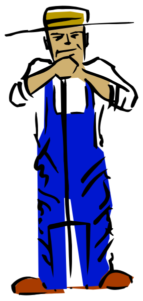 The image shows a cartoon of an overalls worker standing against a black background with his hands on hips.