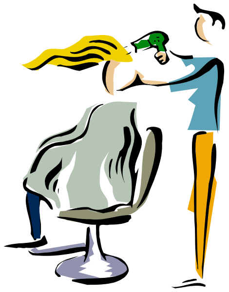The illustration depicts a hairstylist cutting hair under an overhead lamp with a magnifying glass on it while seated in front of a mirror that reflects their reflection back at them; there is no text present within this image, and all elements appear to be stationary without any action taking place.