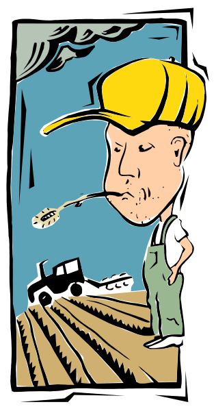The illustration shows a man with an exaggeratedly large head smoking from his mouth while standing next to a tractor in what appears to be a field of crops at nighttime under cloudy skies.