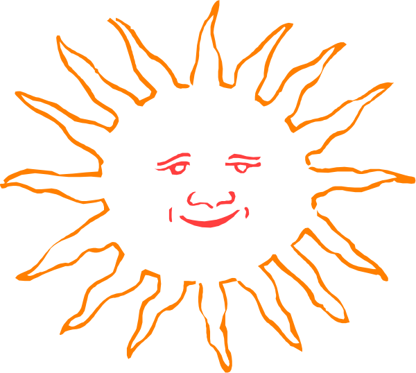 The image shows a stylized sun with rays extending outward from its center, featuring an orange hue around it against a dark background; there is no text present in this clip-art illustration of a solar figure.