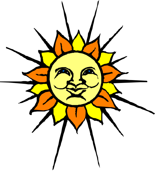 The image shows a sun with rays extending outward from its center, surrounded by an orange border that resembles petals of flowers on either side at top and bottom.