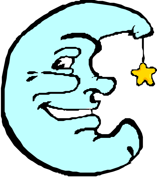 The image shows a cartoon of an animated moon with eyes looking upwards towards it against a black background.