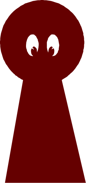 The image shows a red silhouette of an object with two eyes peeking out from behind it against a gray background.