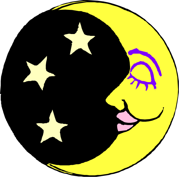 The image shows a cartoon of an animated moon with eyes closed against a black background featuring stars above it.