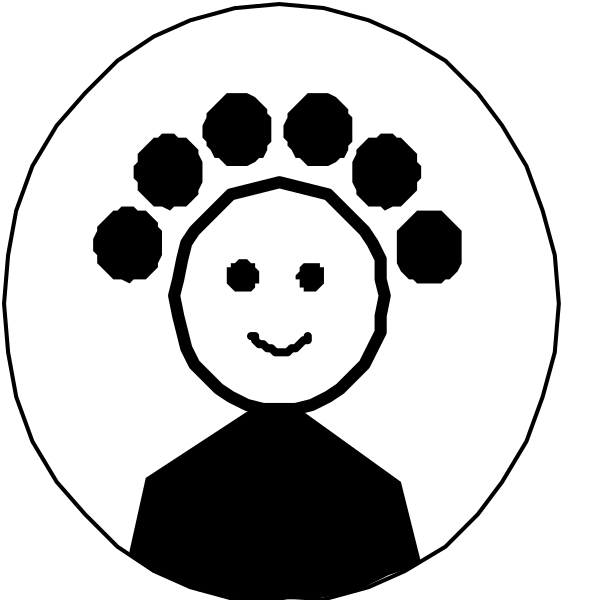 The image shows two circular stickers with a black background featuring white icons of human heads wearing hairpieces on top; one has multiple strands while the other is balding atop its head. Each icon also includes an emoji-like face, smiling and contented in both cases. There are no texts or additional elements present within these stickers. The style appears to be a simple line drawing with minimal detail for decorative purposes rather than realistic representation of hairpieces on heads.