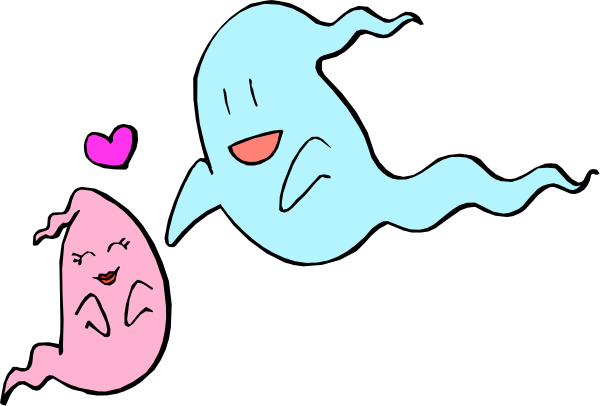 The image features two cartoon ghosts with hearts above their heads flying over a pair of cute monsters that appear to be in love; one monster is pink while the other has blue hair.