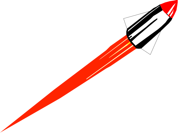 The image shows a black background with an abstract design resembling a missile launching into space against a red streak that could be interpreted as fire or smoke.